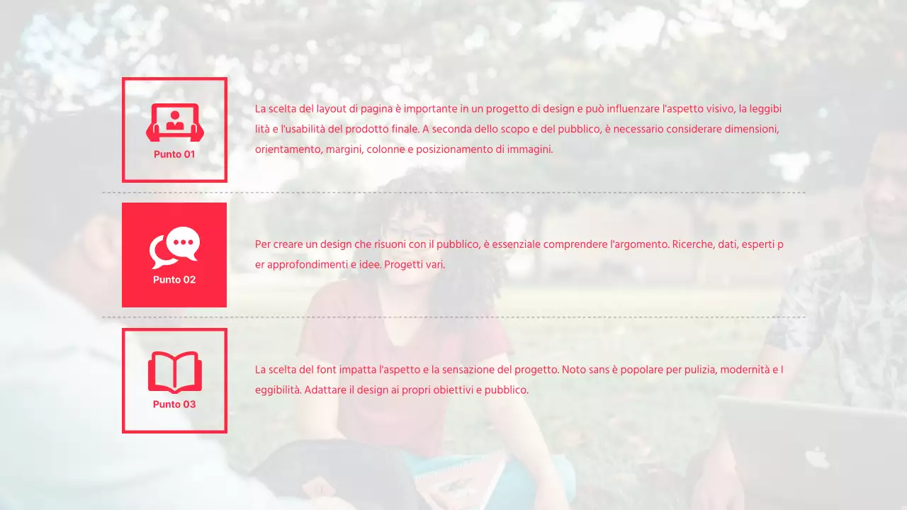 Presentazione della discussione con evidenziazione del testo e disposizione delle foto in rosso