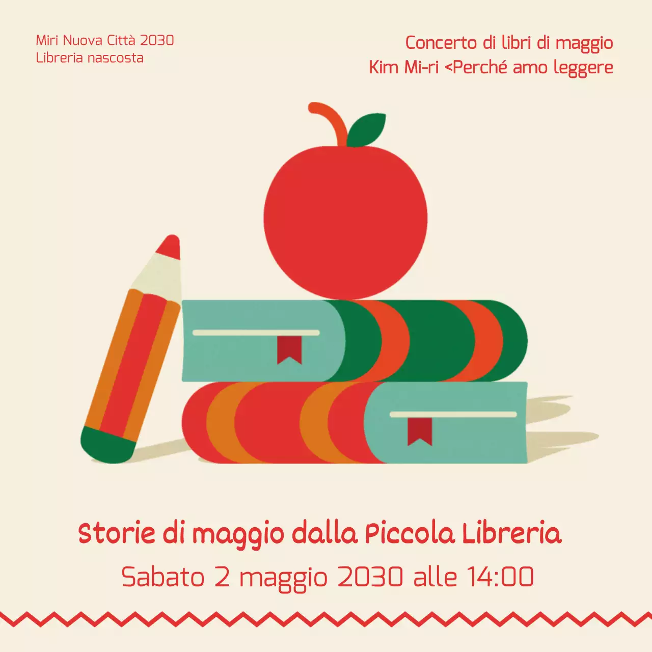Un passo di libreria verde-rosso, illustrato