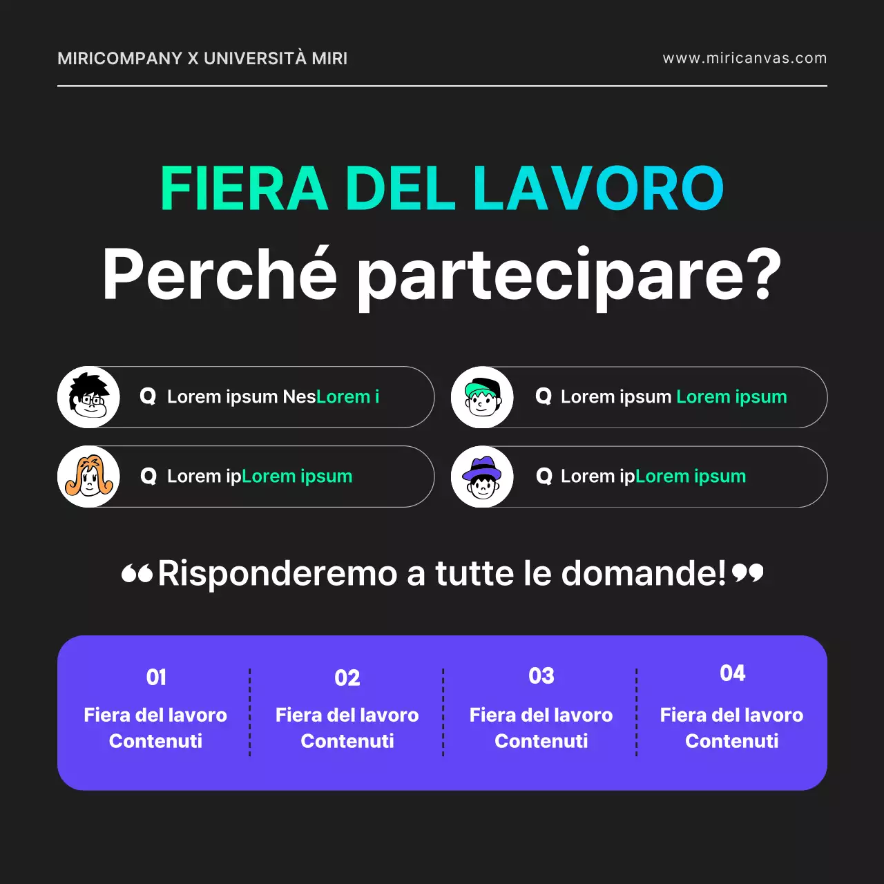 Una fiera del lavoro online per uno sviluppatore IT con un'atmosfera city-pop, caratterizzata da forme geometriche in nero e colori al neon.