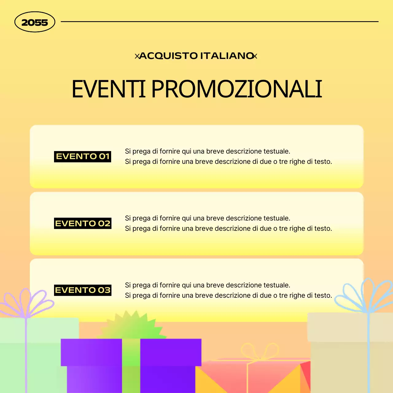 Semplice annuncio di promozione di un evento regalo in giallo e arancione