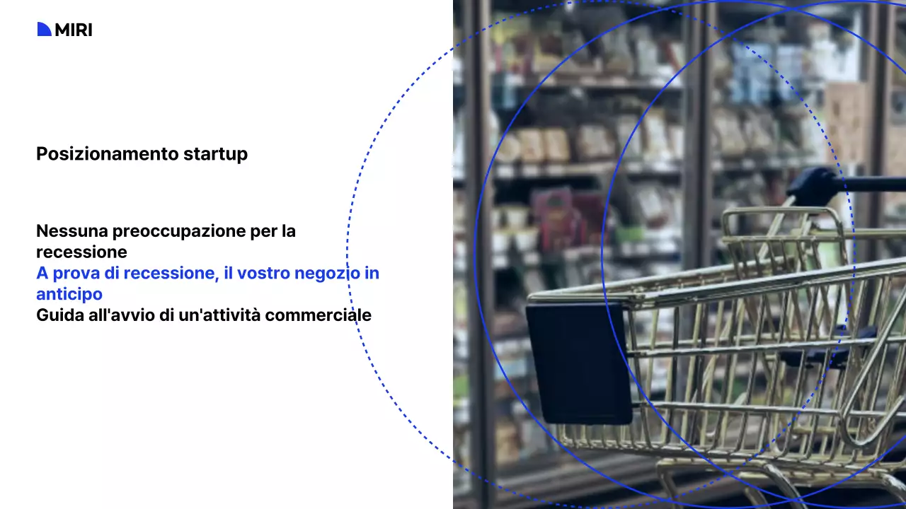 Guida all'avvio di un centro commerciale con schema di colori bianco, blu e nero e layout a griglia