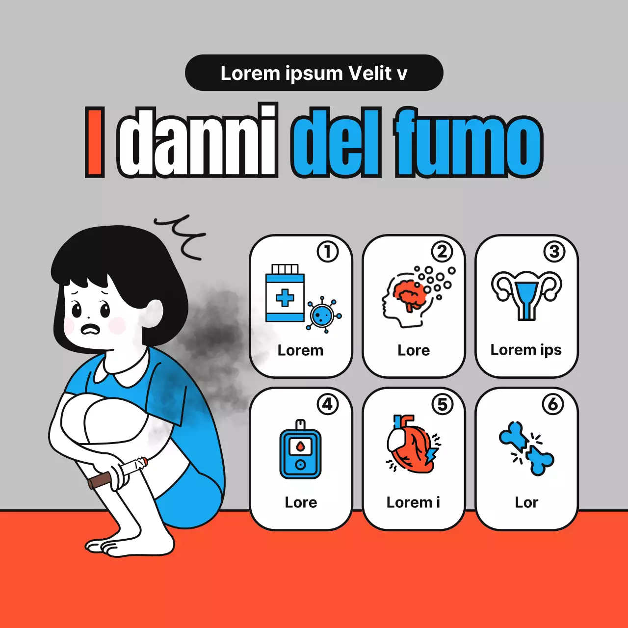 Illustrazioni semplici e simpatiche in rosso, blu e grigio su come smettere di fumare