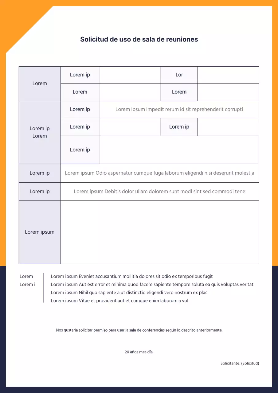Solicitud de uso de una sala de reuniones corporativa en naranja-azul marino