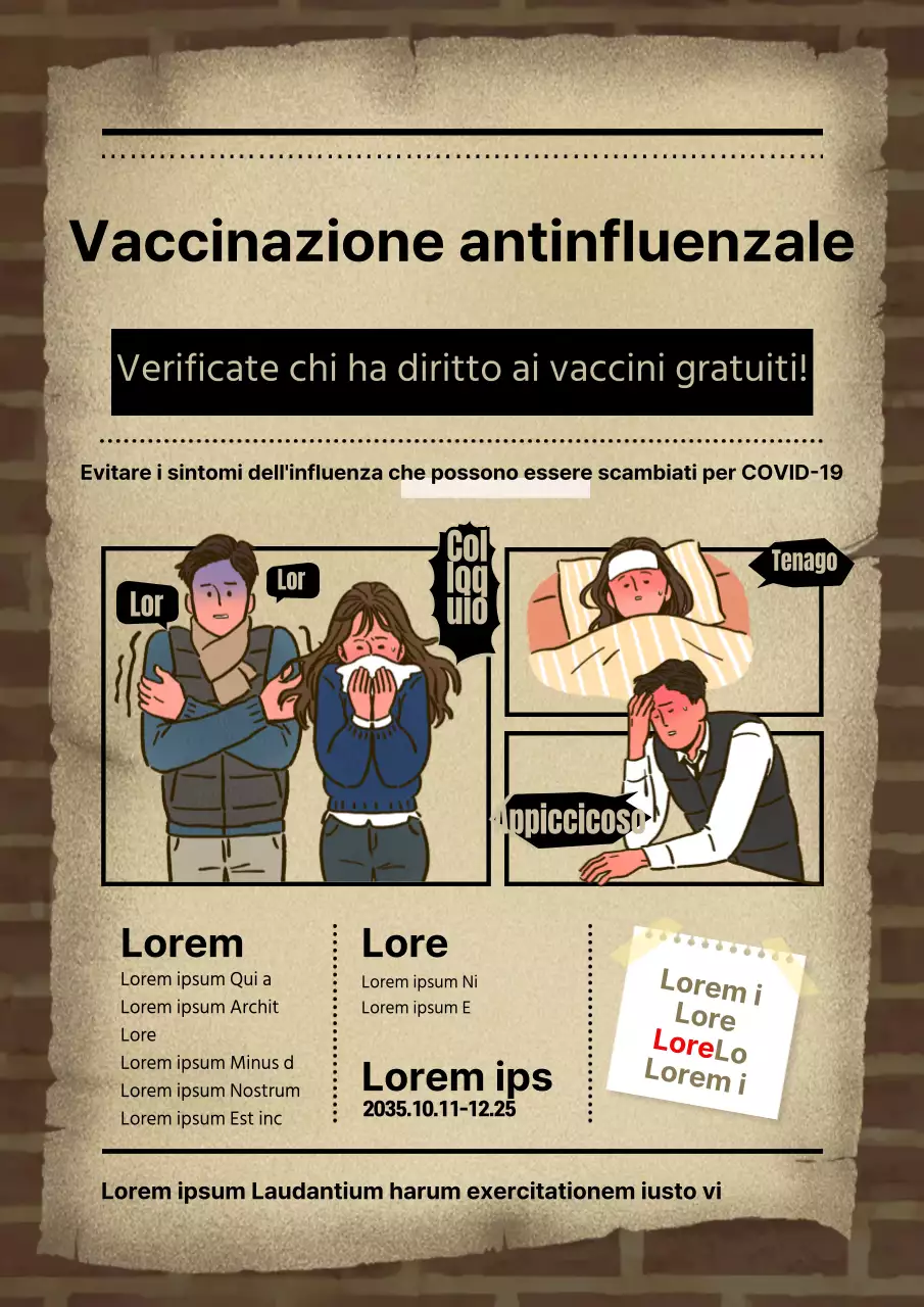 Concetto di cartone animato ospedale vaccinazione guida con sfondo marrone mattone e carta texture illustrazioni di persone malate