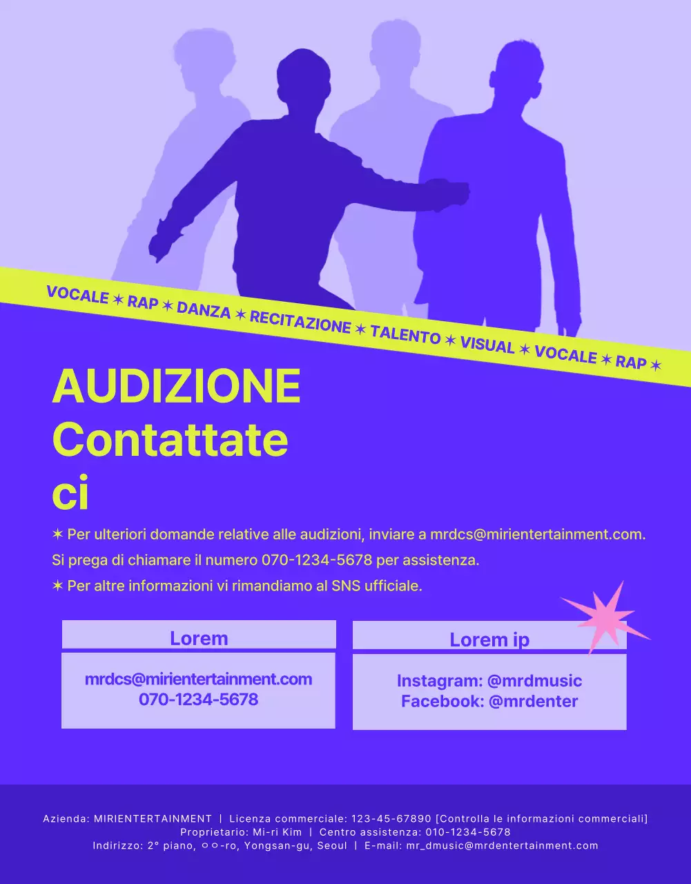 Annuncio di audizione per un concept casual in viola e verde lime.