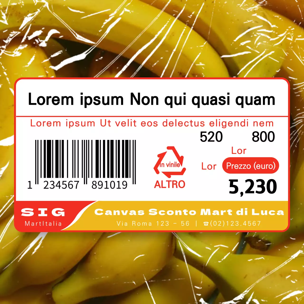 Semplice adesivo per il prezzo del negozio di alimentari in rosso e giallo Banana Squeeze