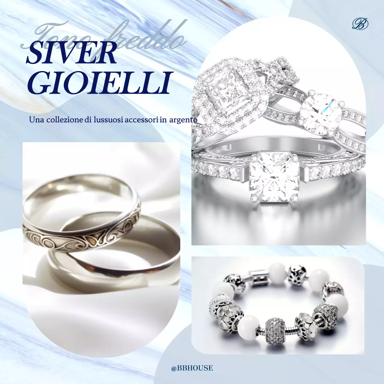 Pubblicità per lussuosi accessori in argento nei colori azzurro e grigio