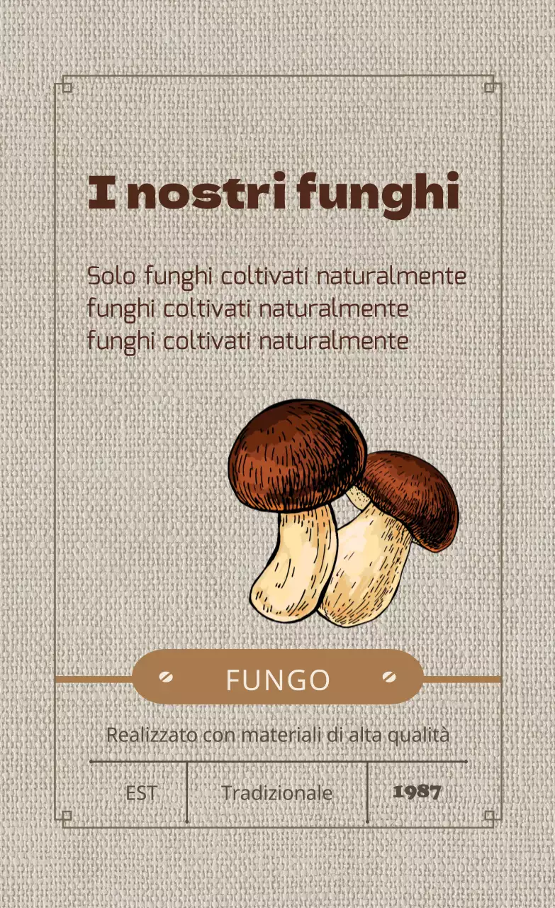 Etichetta illustrata marrone per la coltivazione dei funghi