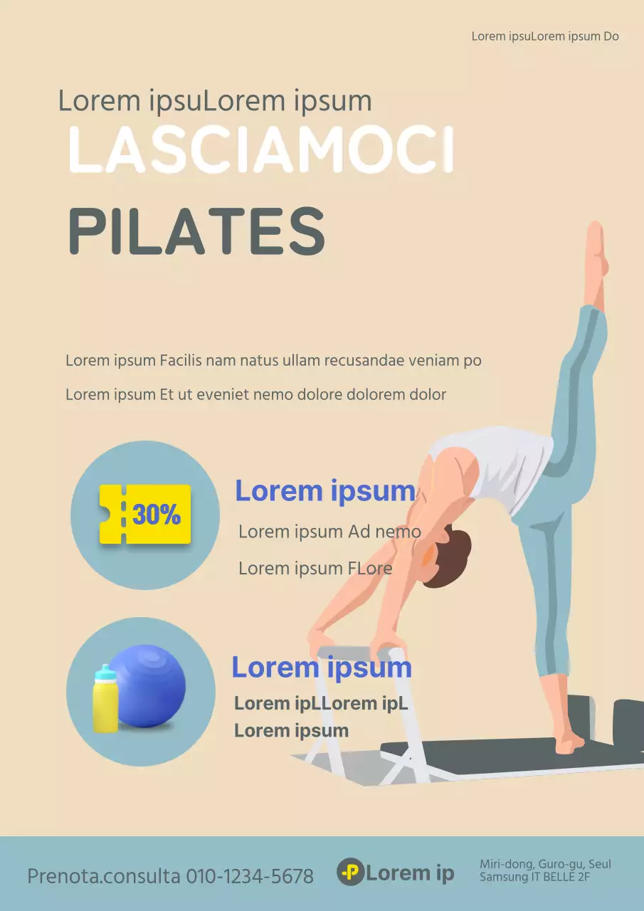 Promuovete un evento aperto e pulito con un'illustrazione beige e blu di una persona che fa Pilates.
