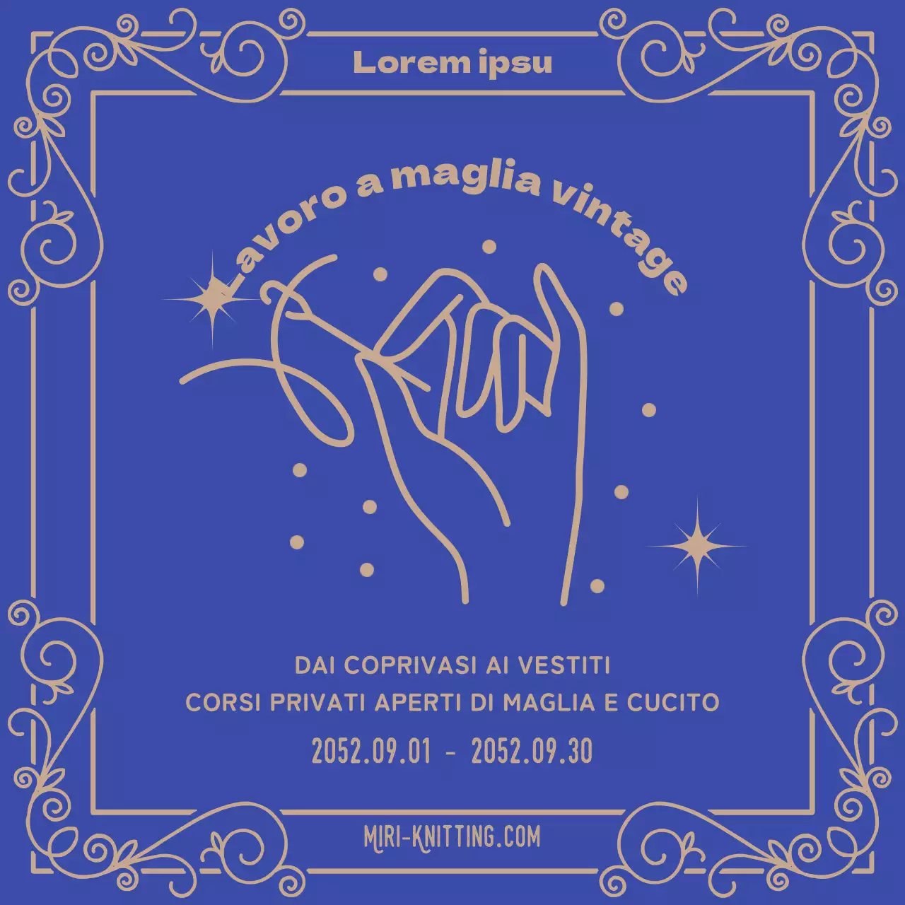 Annuncio dell'apertura di un corso di maglia e cucito in blu e beige