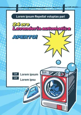 Promozione dell'apertura di una lavanderia a gettoni self-service con un concetto di cartone animato blu