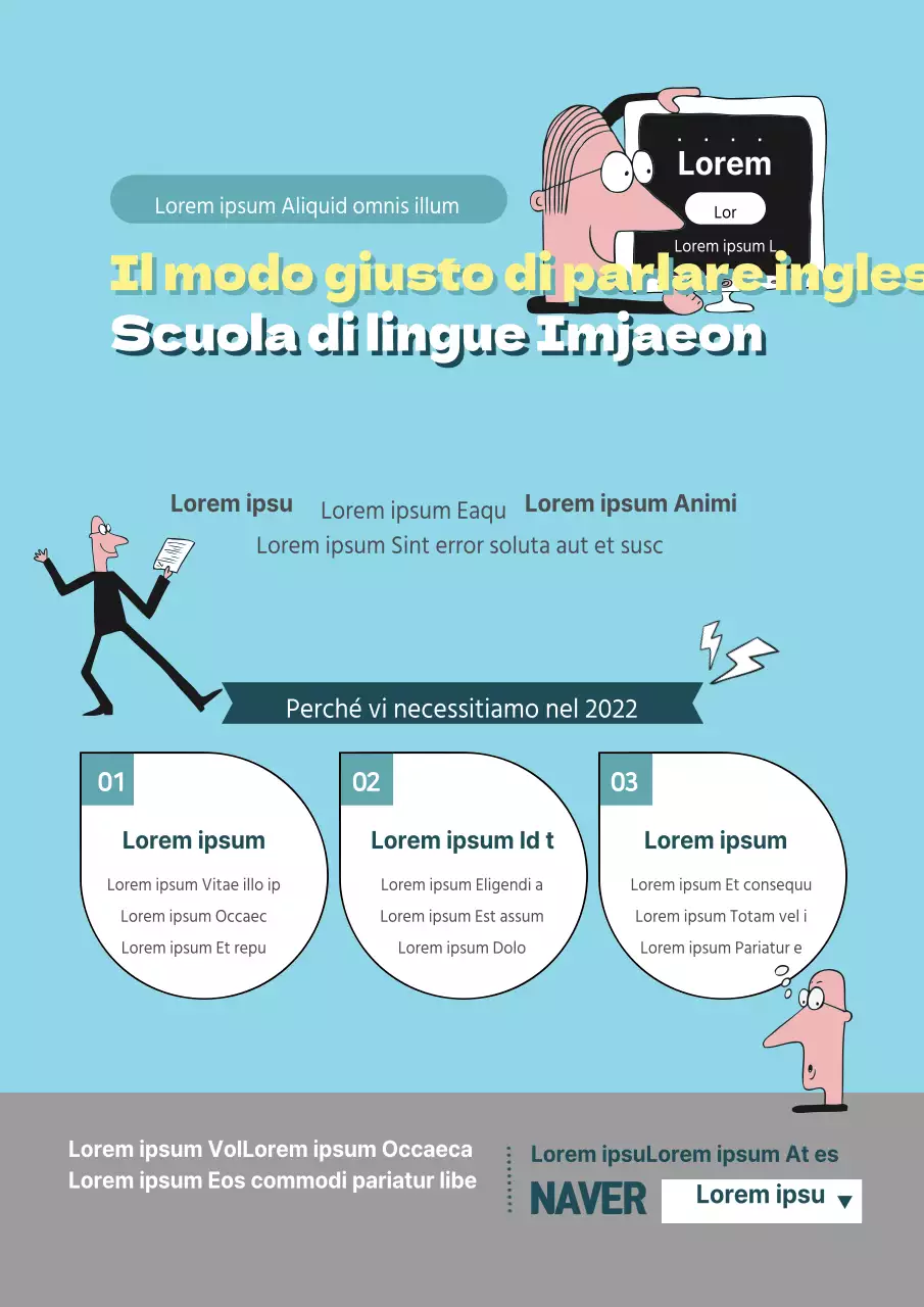 Materiale promozionale di una scuola di lingua inglese con un personaggio umano in azzurro e giallo.