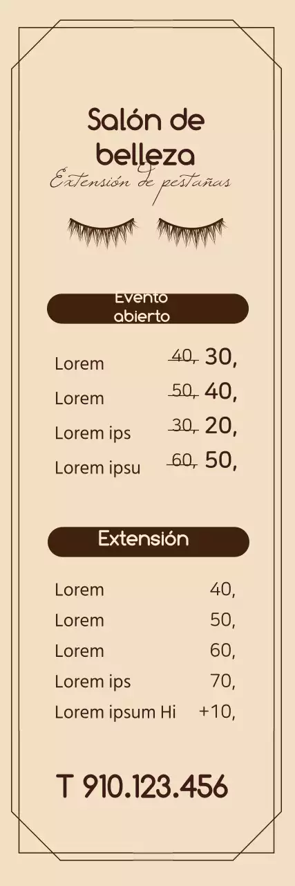 Concepto de marco simple salón de belleza en marrón y bronceado claro precios de eventos