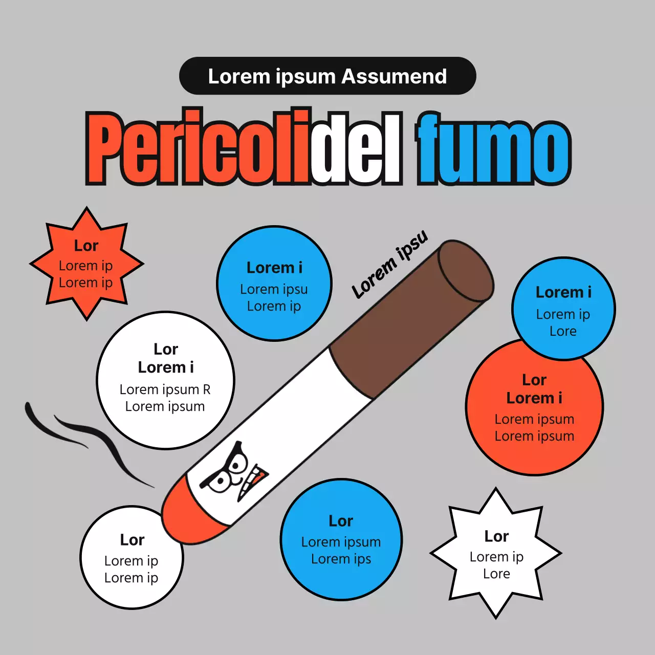 Illustrazioni semplici e simpatiche in rosso, blu e grigio su come smettere di fumare