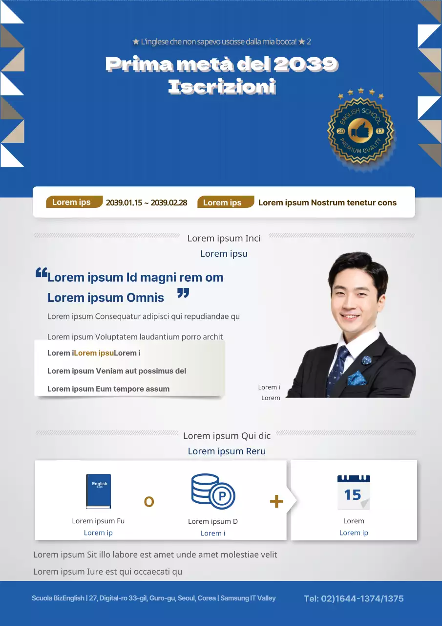 Un colorato volantino blu per una scuola di lingua inglese