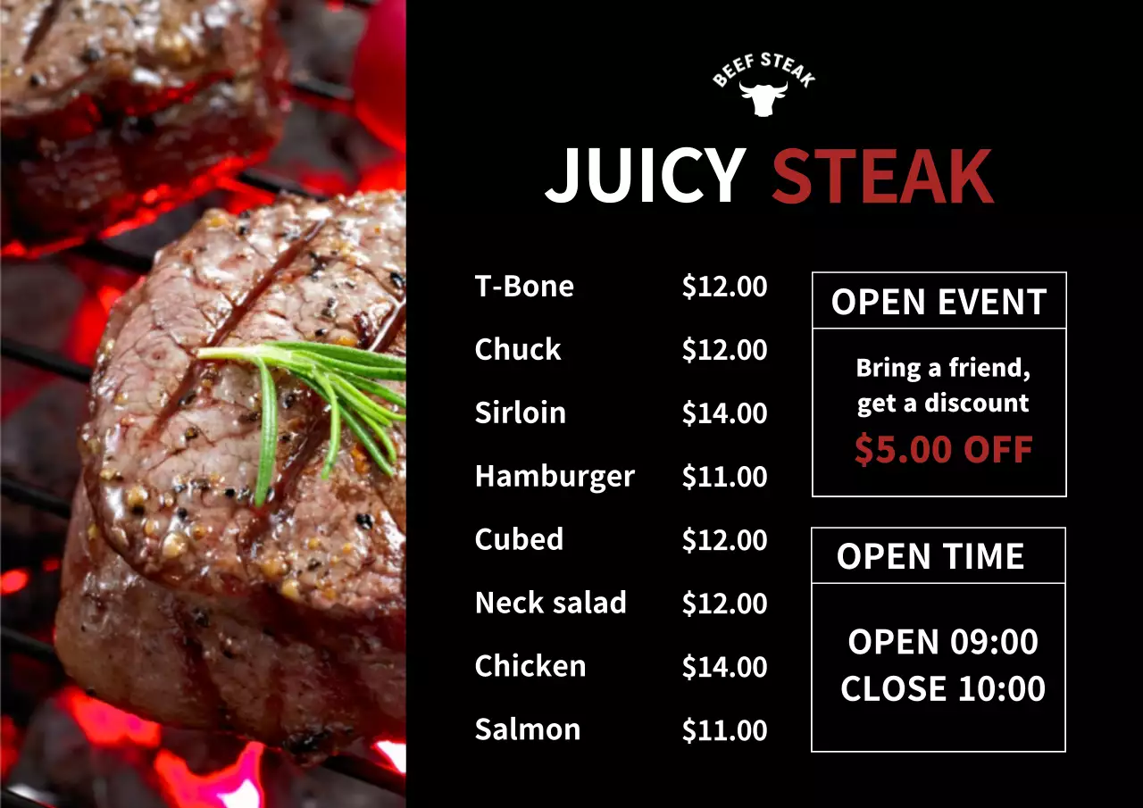 Black Modern Steak Menu Poster