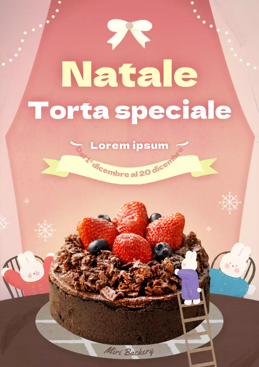 Prenotate una torta natalizia con simpatiche illustrazioni di coniglietti in grigio, blu e rosa.
