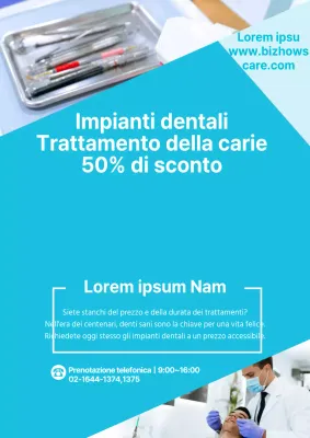 Un semplice volantino azzurro e giallo che promuove una procedura odontoiatrica scontata.