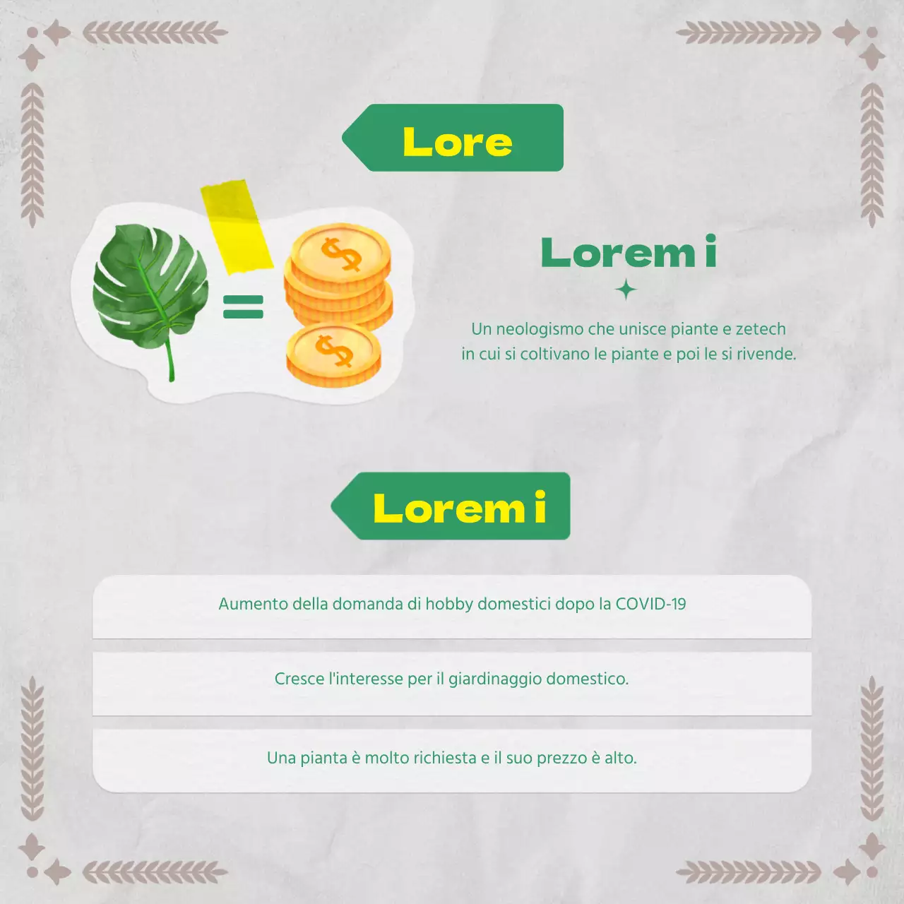 Informazioni botaniche in un concetto di carta vintage utilizzando i verdi e i grigi