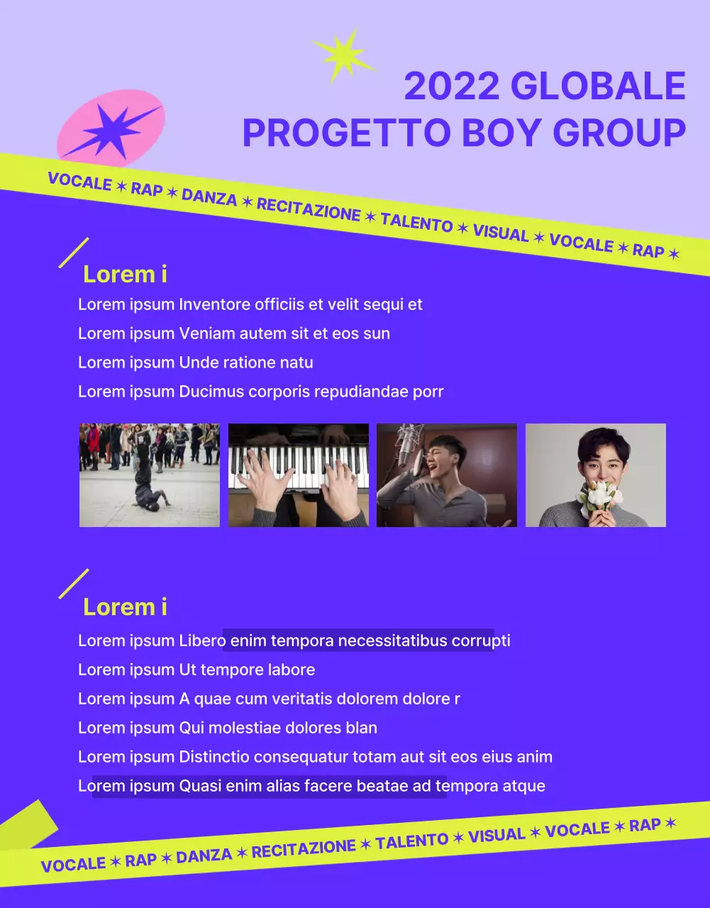 Annuncio di audizione per un concept casual in viola e verde lime.