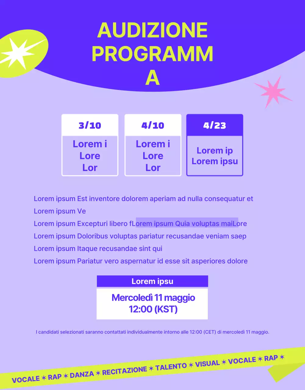 Annuncio di audizione per un concept casual in viola e verde lime.