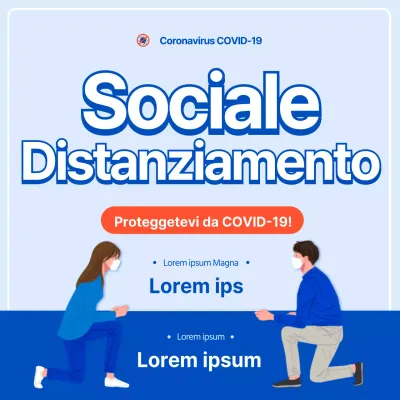 Una guida pulita, in bianco e blu, per prendere le distanze dai social per prevenire la COVID-19