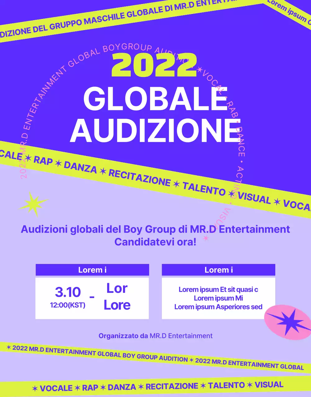 Annuncio di audizione per un concept casual in viola e verde lime.