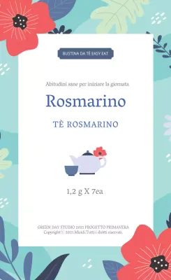 Illustrazione blu di un'etichetta per il tè al rosmarino