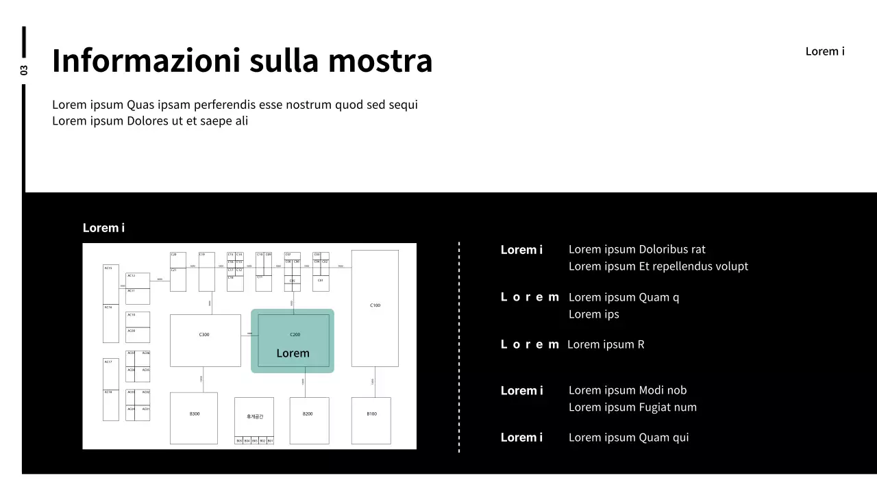 Relazione di pianificazione dello stand fieristico in bianco e nero