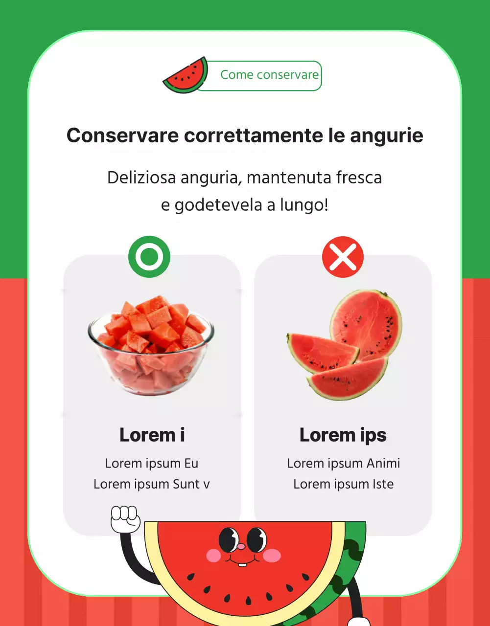 Promuovere un centro commerciale che vende angurie tropicali di colore rosso e verde.