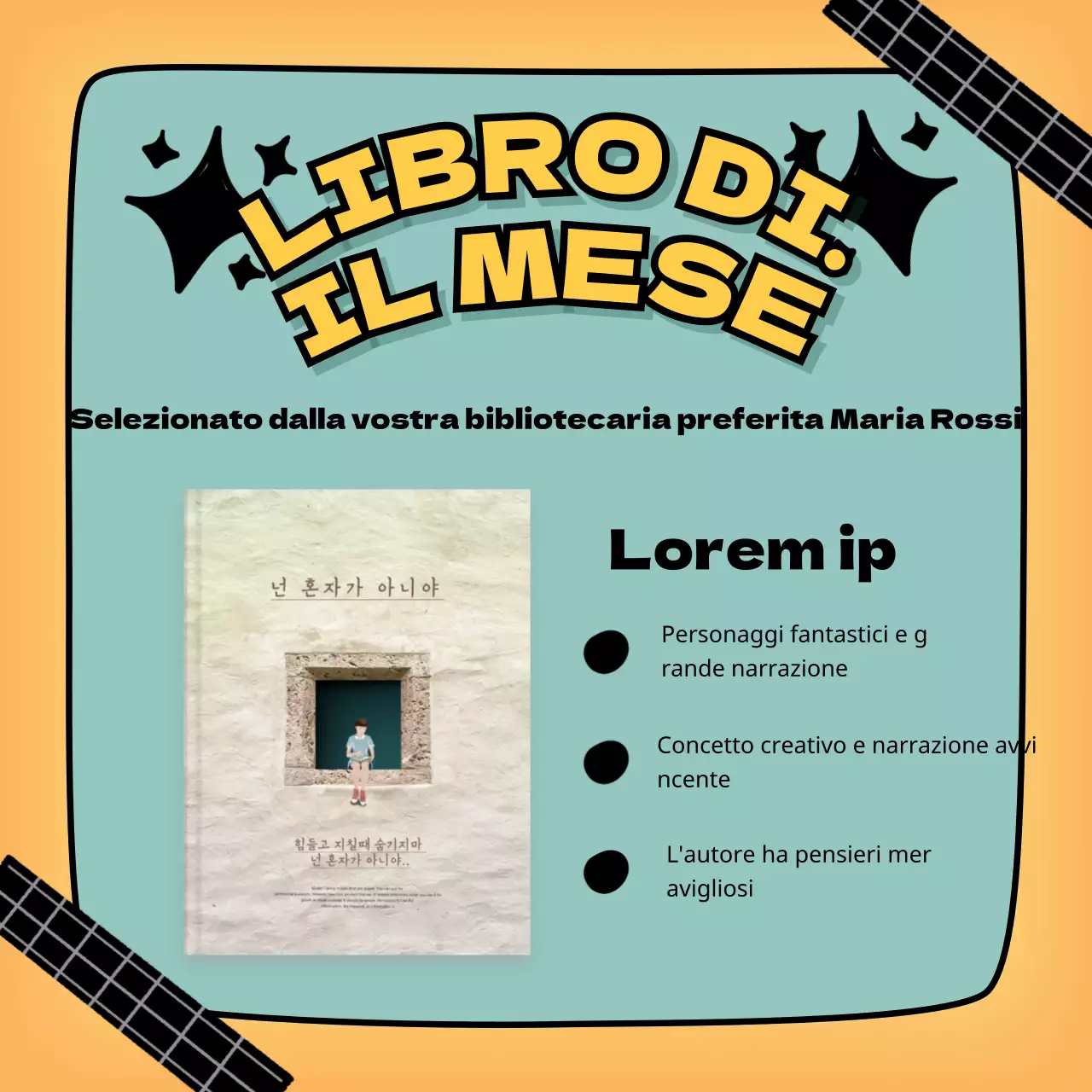 Promuovere le raccomandazioni di libri per bambini con un tema di evidenziazione del testo scritto a mano giallo e turchese V1