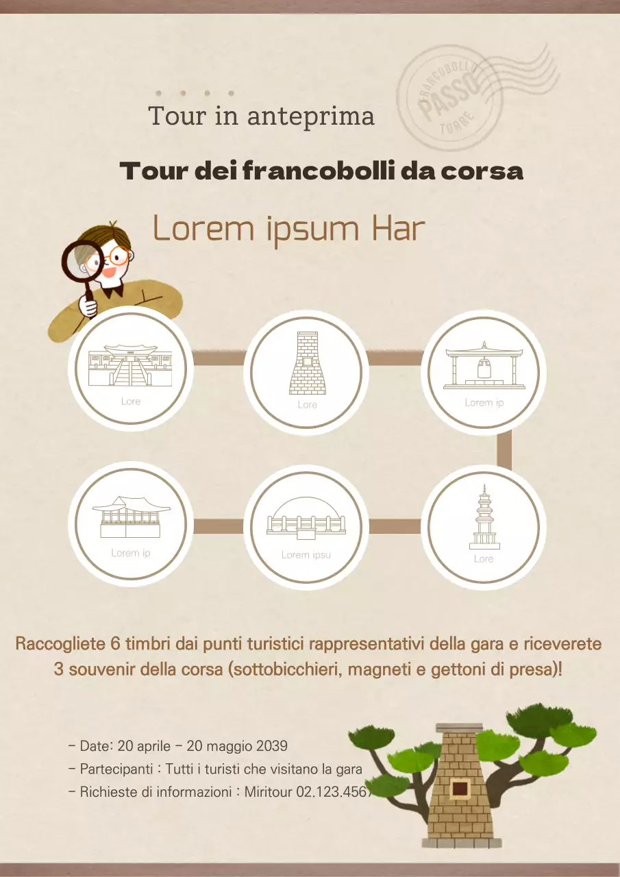 Un simpatico foglio per lo studio dei francobolli con vari punti di riferimento di tutto il mondo in marrone