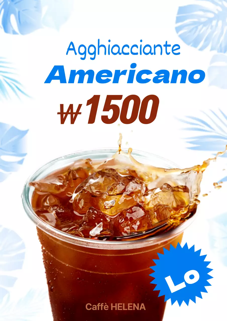 Promuovete un menu di caffè freddo con illustrazioni di piante tropicali blu e foto di caffè.