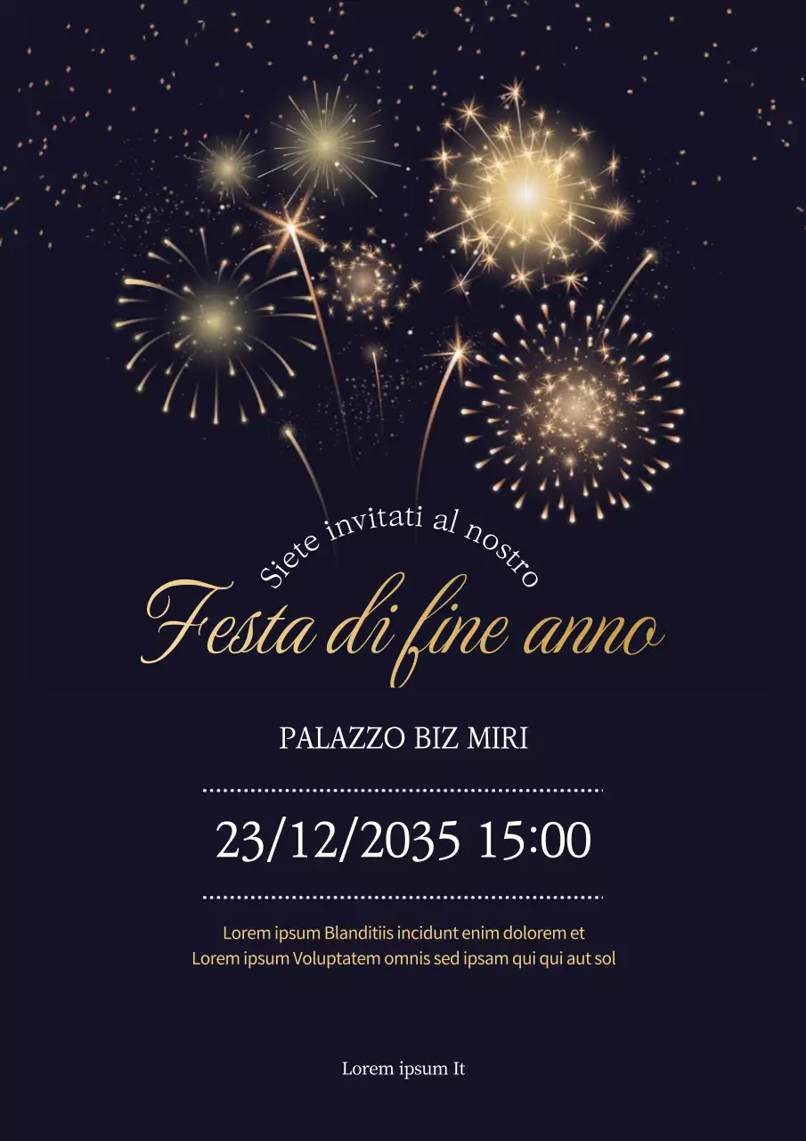 Illustrazione di fuochi d'artificio neri e oro annuncio festa di fine anno