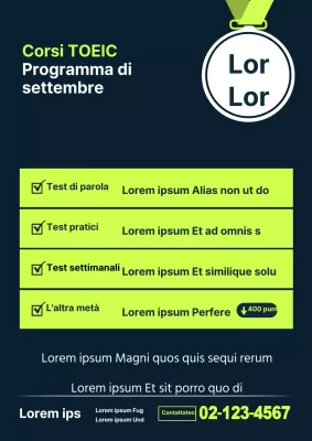 Un semplice volantino verde e nero per un corso di preparazione ai test d'ingresso