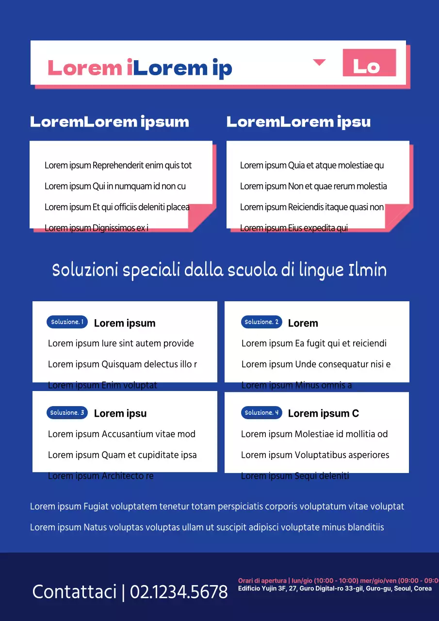 Uno schema di colori pulito, blu e rosa, con la descrizione di una scuola inglese.