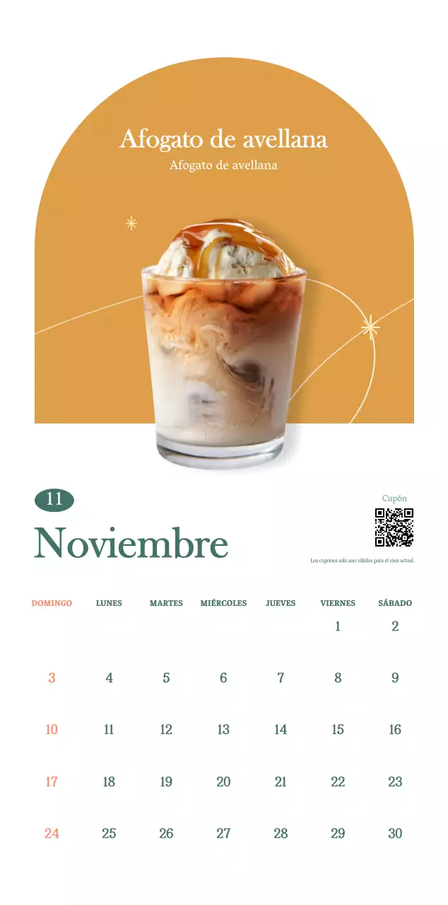 Calendario de cafés con recomendaciones de bebidas del mes