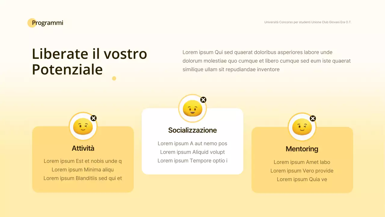 Orientamento al club del concetto di sorriso giallo e bianco
