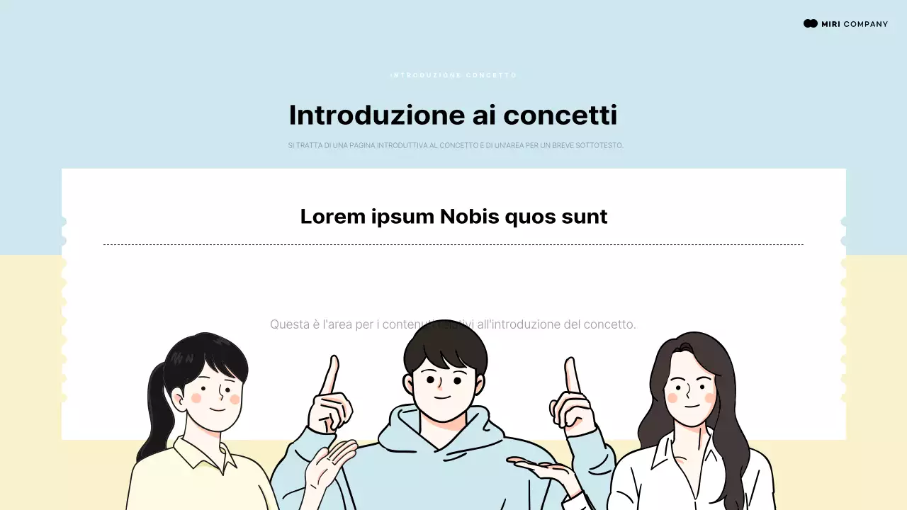 Presentazione introduttiva con un elemento umano che punta su uno spazio azzurro e giallo