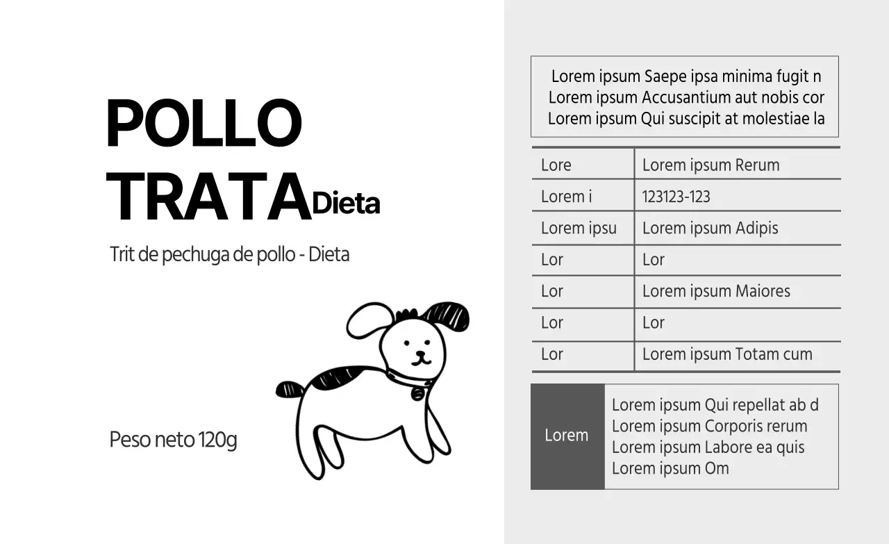 Etiquetas ilustradas en negro con detalles de golosinas para mascotas