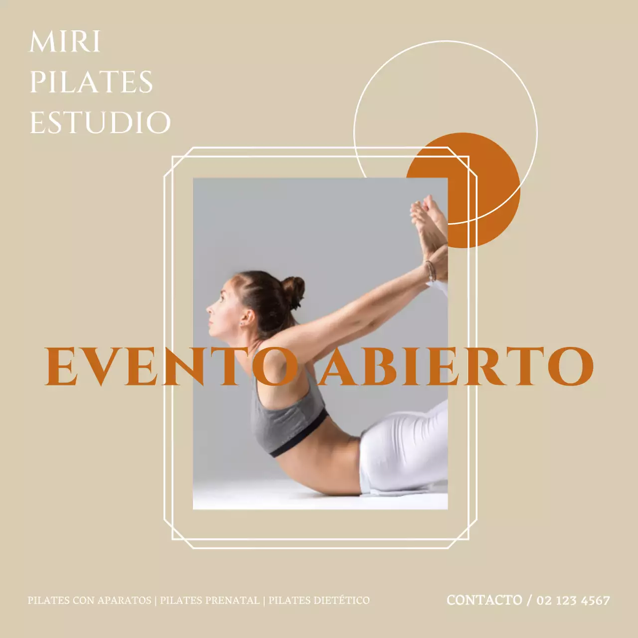 Un sencillo evento abierto de Pilates en marfil y naranja