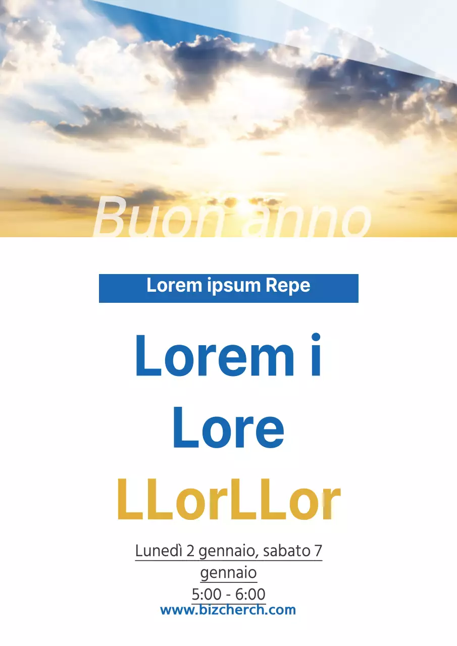 Promuovete la preghiera mattutina di Capodanno di una chiesa semplice con una foto del cielo blu e giallo.