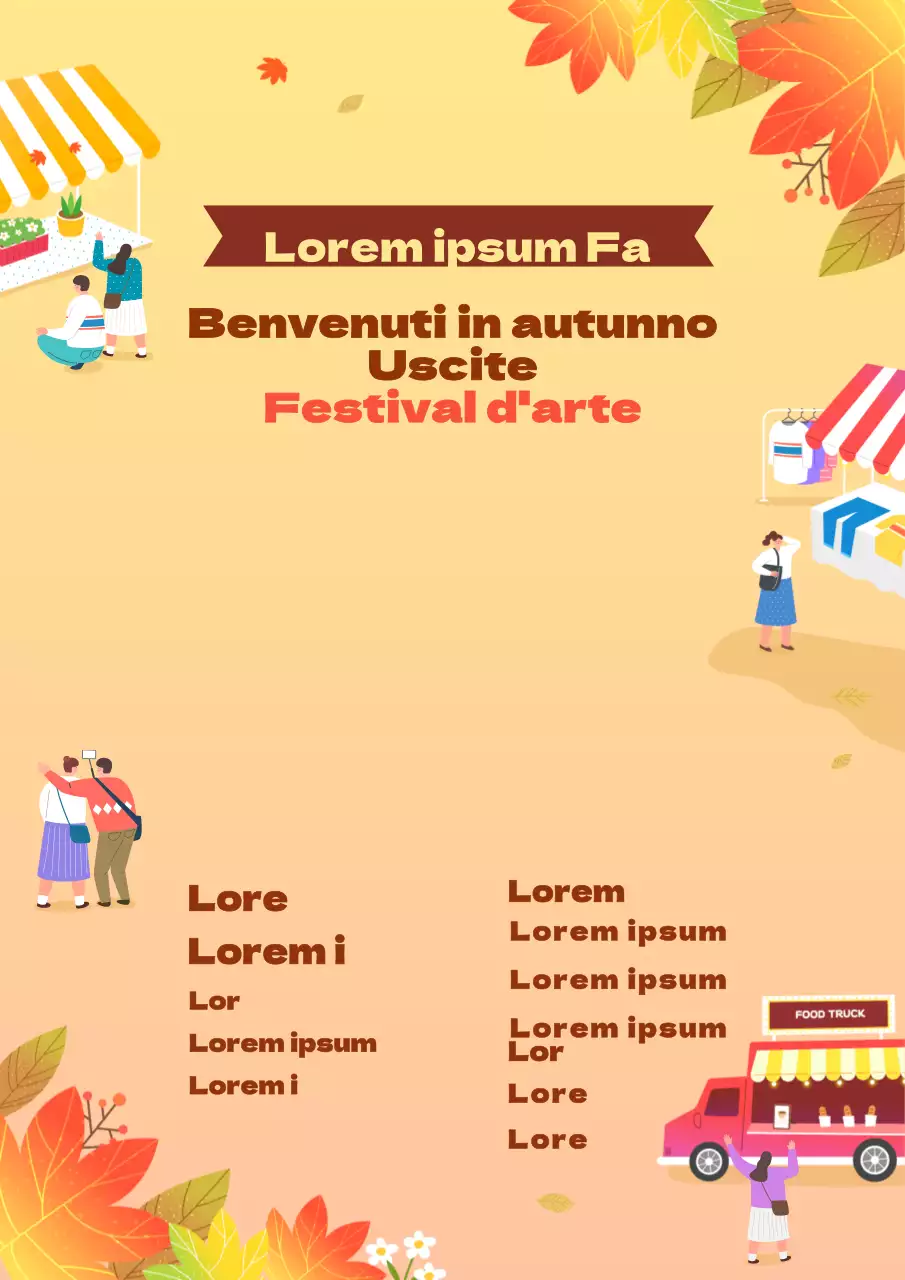 Promuovete la festa con un simpatico concept che presenta un'illustrazione di una festa gialla e di foglie cadenti