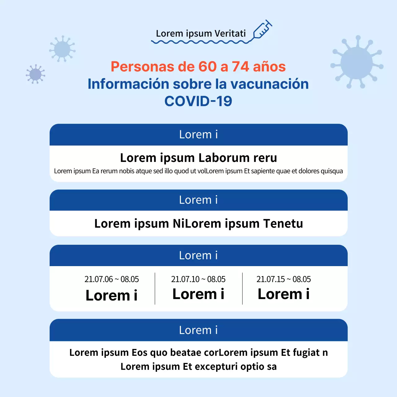 Cartel cuadrado de vacunación contra el coronavirus con mesa en tonos azules
