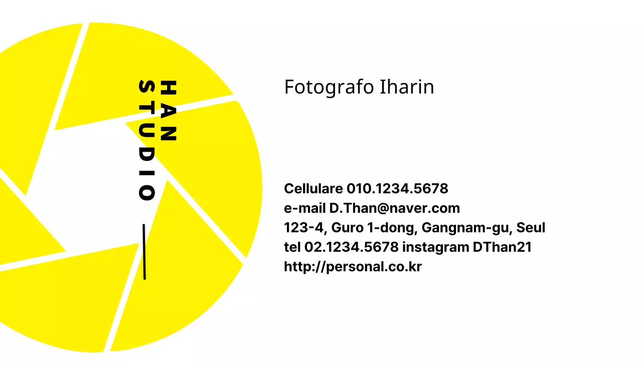 Biglietto da visita per fotografi con icona di apertura della fotocamera gialla e bianca