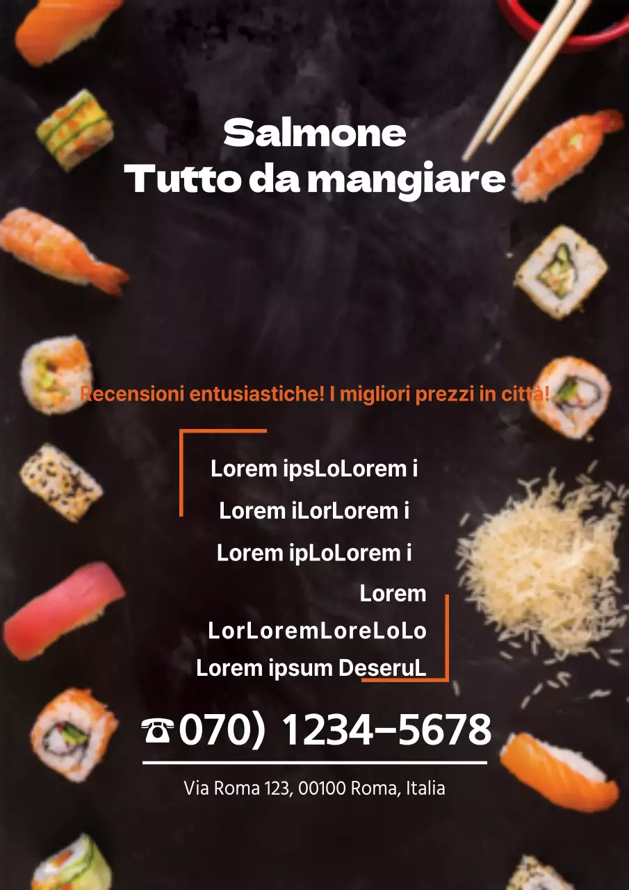 Listino prezzi orario con immagini di sushi bianche e arancioni