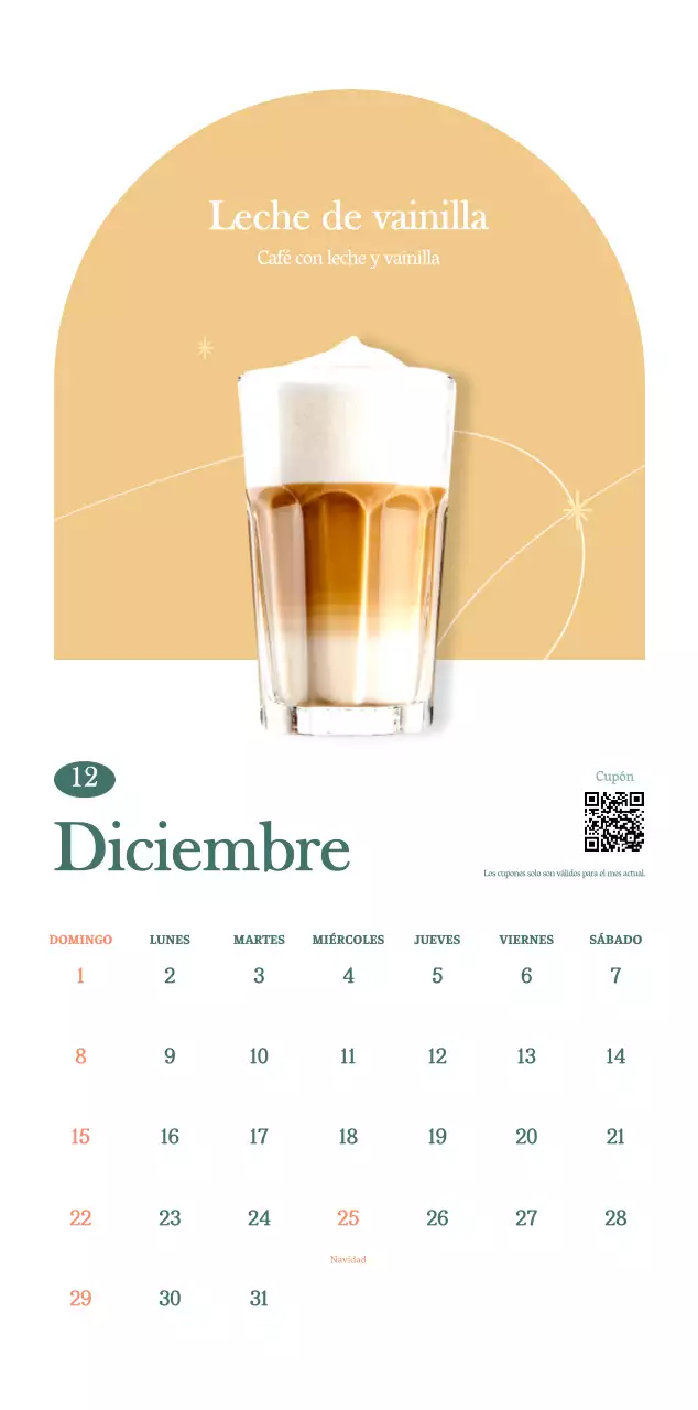 Calendario de cafés con recomendaciones de bebidas del mes