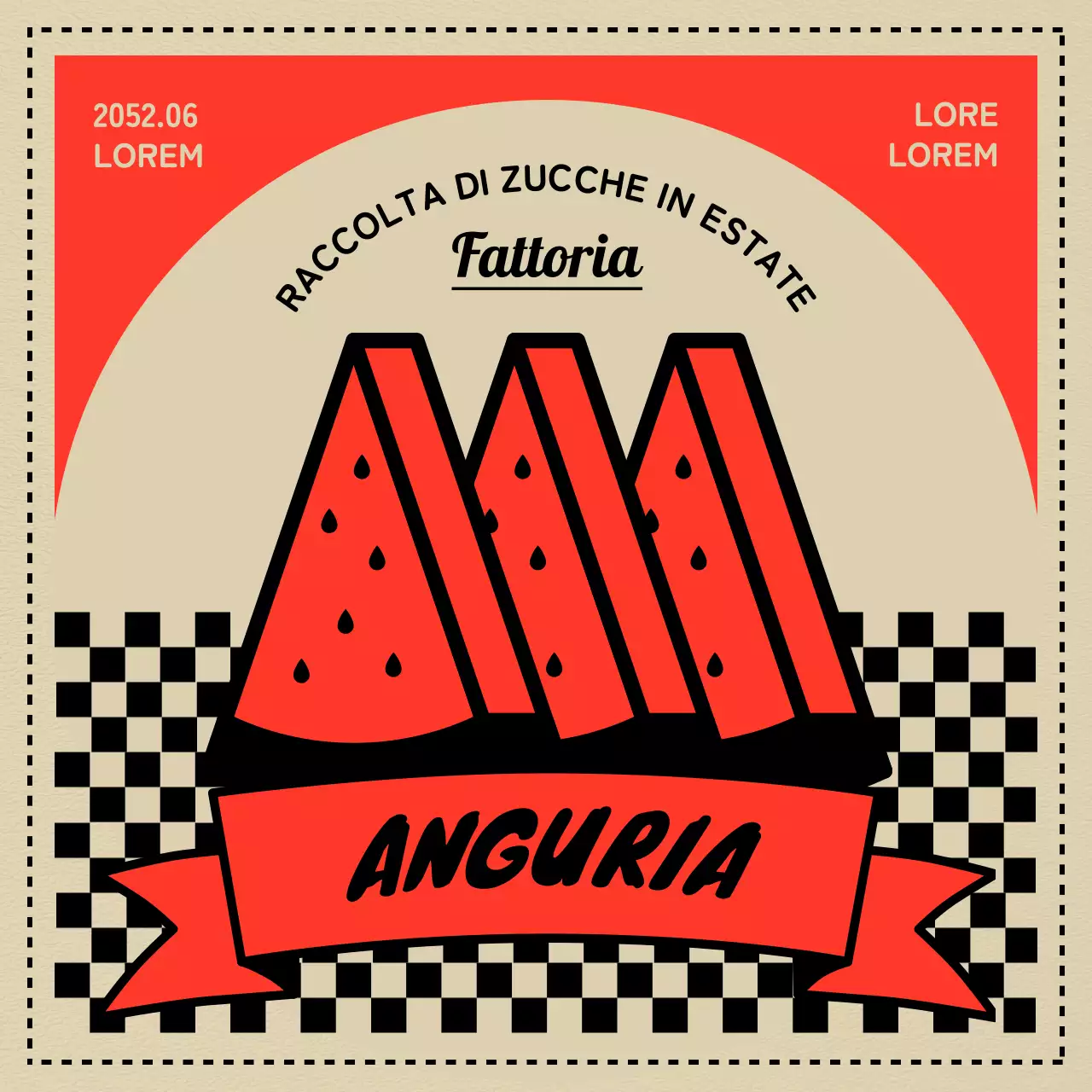 Concetto retrò di raccolta dell'anguria in beige e rosso