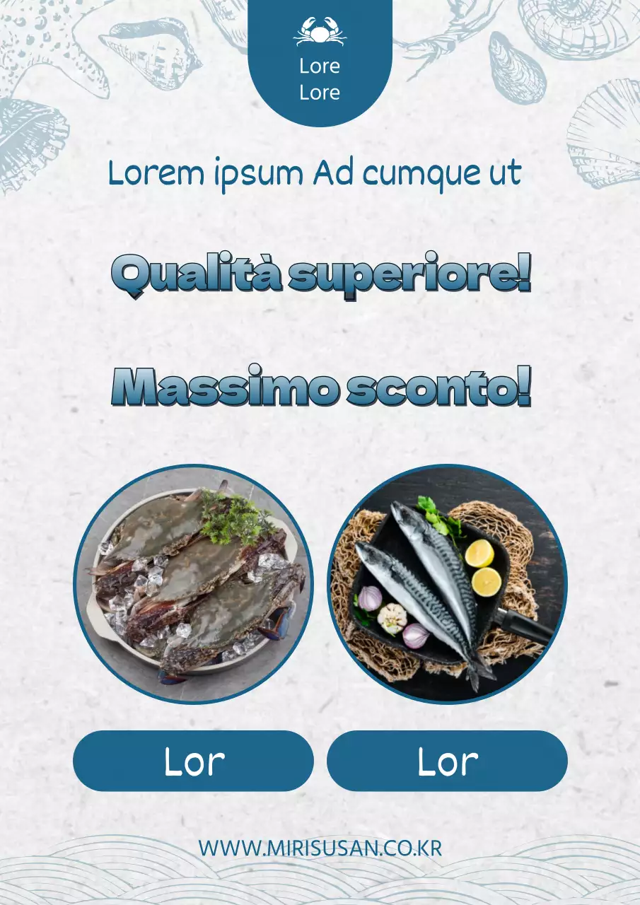 Promozione di prodotti ittici con accenti blu e azzurri su uno sfondo Hanji