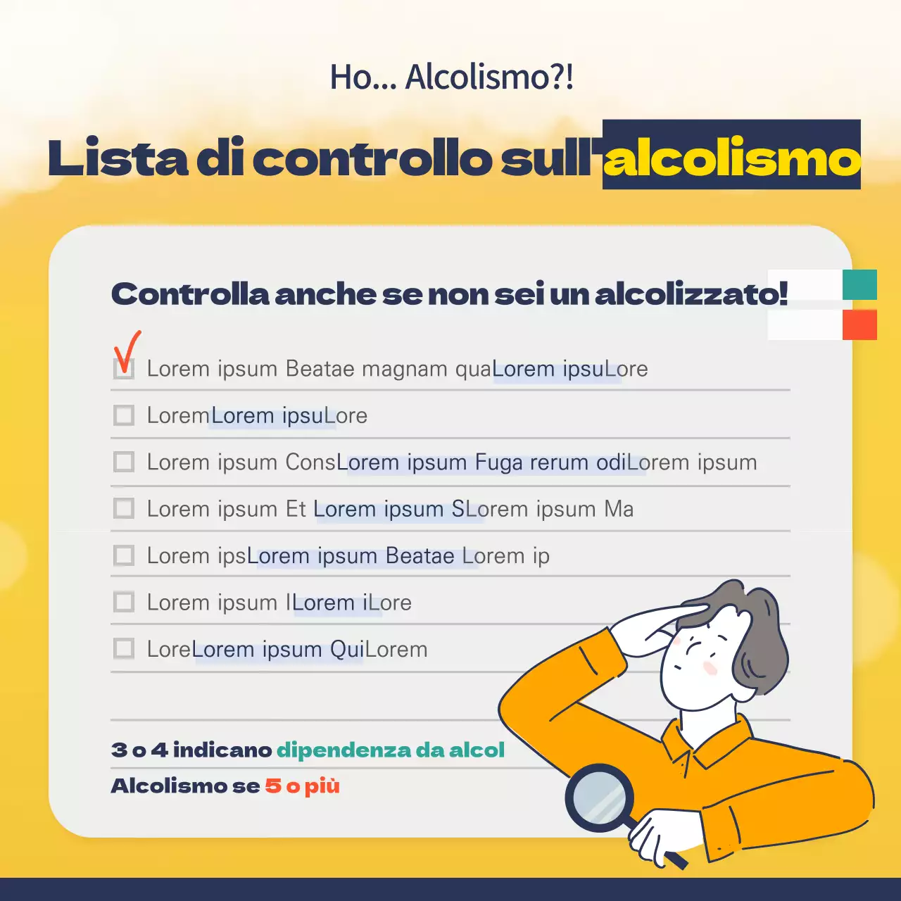 Lista di controllo per l'avvelenamento da alcol in giallo e indaco